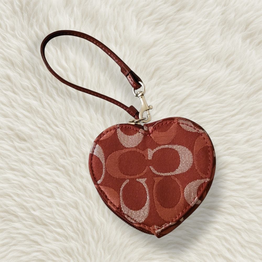Coach Heart-Shaped Maroon/Red Signature Coated Canvas Coin Purse Case/Wristlet